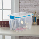 Clear Sterilite 20 Quart Gasket Box with a white lid and blue latches.