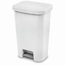 Sterilite 11-gallon white rectangular step-on trash bin with textured finish, shown on a white background.