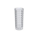 A clear, cylindrical glass vase or drinking glass with a textured, woven basket-like pattern covering its entire surface, set against a white background.