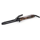 Black ceramic curling iron with a clamp, featuring a camouflage-patterned ergonomic handle and digital temperature controls.