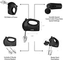 Black electric hand mixer with two chrome beaters, showing its 150 watts of power, 5 variable speed settings with a slide control, and a beater eject button.