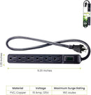 GoGreen Power 6 Outlet Mini Surge Protector with a black finish and keyhole slots for mounting, displayed on a white background.