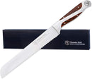 8-inch scalloped bread knife with a polished German steel blade and a dark pakkawood handle, shown against a white background.