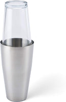 Houdini 24oz Boston cocktail shaker with a clear glass base and stainless steel top, displayed on a white background.