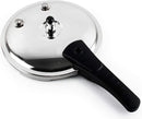 Stainless steel 6.7-quart pressure cooker lid with black handles and mirror polish finish, shown against a white background.
