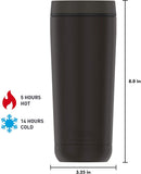 Thermos Guardian tumbler with temperature retention icons and dimensions