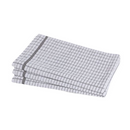 Single silver gray checkered cotton kitchen dish towel with white background and colored stripe, shown folded on a white background.