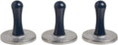 Nordic Ware set of three silver cast aluminum cookie stamps with midnight blue wooden handles, each with starry round designs, shown on a white background.