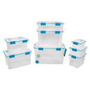 Clear Sterilite 20 Quart Gasket Box with a white lid and blue latches.