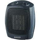 Brentwood Portable Ceramic Space Heater and Fan, as a rounded, compact design in a black color. The front features a black honeycomb grill protecting the ceramic heating element. On the top, there are two rotary dials for adjusting the thermostat and selecting the heat or fan mode. A small indicator light is also visible on the front.