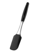 A black silicone spatula with a long black handle and a clear plastic neck, featuring a flat, flexible black silicone head.