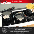 A shiny, silver stainless steel pressure cooker with black handles and a red safety button on the lid.