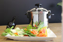 Magefesa Star Pressure Cooker displayed with fresh vegetables, emphasizing its use for healthy cooking.