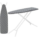 A gray ironing board with a diamond-patterned cover, in an upright position, showcasing its sturdy metal frame.