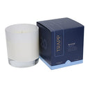 Trapp No. 20 Water 7 oz. Signature Candle in a frosted white glass container, placed next to its navy and light blue packaging.