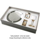 A neatly packaged crystal Havdalah set inside a foam-lined gift box, including a mirror-based tray, a Kiddush cup, a spice container, and a candle holder with gold accents. Text in Hebrew below indicates that the image is for reference only.