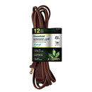 • Brown 12ft household extension cord coiled with packaging label showing brand and specs