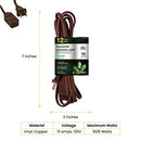 • Dimensions listed with cord shown fully extended, labeled for length, voltage, and max wattage