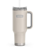 Sandstone beige Thermos travel mug with handle and straw on white background