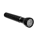 Black high-powered LED flashlight with textured aluminum body and multi-LED head