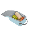 Open glacier blue Thermos lunch box containing wrap, grapes, and carrots