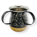 Stainless steel washing cup with black dipped base and gold upper finish featuring dual handles for Netilat Yadayim