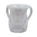 Stainless steel washing cup with elegant white and gray marble finish and dual handles for Netilat Yadayim