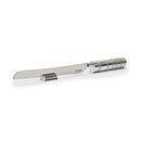 Silver challah knife featuring multicolored ring handle with detachable salt shaker built into the grip