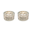 Glass Shabbat tea light holders with silver pomegranate metal decoration, compact and elegant for candle lighting