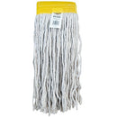 White 4-ply cotton mop head with yellow mesh headband and barcode label