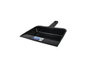 Black plastic dustpan angled view.