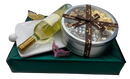 A large gift set featuring a clear glass rectangular serving platter with beaded handles, a bottle of Cristallo Pinot Grigio white wine, and a silver Popinsanity popcorn trio tin tied with a brown ribbon.