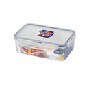 A rectangular clear plastic food storage container with a blue seal and four locking tabs, filled with colorful chopped vegetables, featuring a "Lock & Lock" brand label.