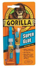 Package of Gorilla Super Glue featuring two tubes of glue and an image of a gorilla, with labeling showing 'Impact-Tough Formula,' designed for bonding metal, wood, ceramics, and more.