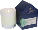 A lighted, white scented candle in a clear glass votive, positioned next to its dark blue, house-shaped packaging box. The box features the "TRAPP FRAGRANCES" logo in gold, and a label indicating "No. 13 BOB'S FLOWER SHOPPE™" with scent notes of "FRESH FLORALS, CUT GREEN STEMS, WATERY ACCORDS." The candle is a "FRAGRANCED CANDLE 7 oz | 198g ℮".