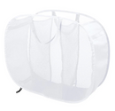 A white, oval-shaped pop-up laundry hamper made of translucent mesh with three internal compartments and two fabric carrying handles.