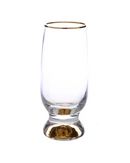 Set of six clear goblets with gold stems and gold rims arranged on a white background.