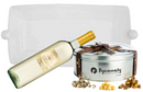 A large gift set featuring a clear glass rectangular serving platter with beaded handles, a bottle of Cristallo Pinot Grigio white wine, and a silver Popinsanity popcorn trio tin tied with a brown ribbon.