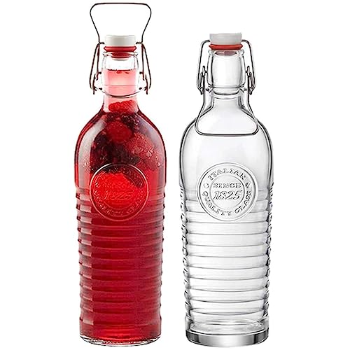 Bormioli Rocco Officina 1825 set or 2 Glass Bottles 37.25 oz, Italian Pitchers, Airtight Seal & Metal Clamp, Easy To Carry Handle, Dishwasher Safe & Eco-Friendly, Safe For Infused & Carbonated Drinks.