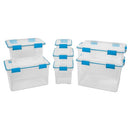 Clear Sterilite 20 Quart Gasket Box with a white lid and blue latches.