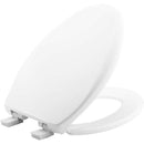 This is a white, elongated toilet seat with its lid partially lifted, revealing the open seat ring. It appears to be made of a smooth, durable material, likely plastic or enameled wood, and features two white plastic hinges at the back.