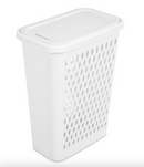Tall, slim white plastic laundry hamper with a lid and oval ventilation holes.