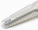 A stainless steel knife, fork, and spoon with black and silver handles, next to a translucent white rigid case. The handles are designed to fit together for compact storage.