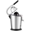 A brushed stainless steel citrus juicer with a black handle.
