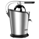 A brushed stainless steel citrus juicer with a black handle.