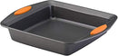 Rachael Ray Yum-o! 9-inch gray nonstick square cake pan with grippy orange handles on a white background.