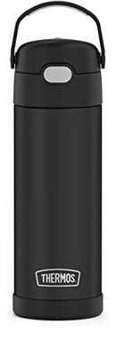 THERMOS FUNTAINER 16-ounce black matte insulated stainless steel kids water bottle with push-button lid and wide hygienic spout, shown on a white background.
