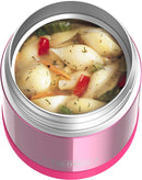 THERMOS FUNTAINER 10-ounce pink kids food jar filled with macaroni soup, shown on a white background.