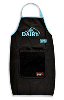 A black kitchen apron with light blue trim and straps, featuring "DAIRY" text with a milk carton graphic, a "KOSHER" label, and a large front pocket with a "KOSHER" graphic.