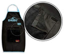 A black kitchen apron with light blue trim and straps, featuring "DAIRY" text with a milk carton graphic, a "KOSHER" label, and a large front pocket with a "KOSHER" graphic.